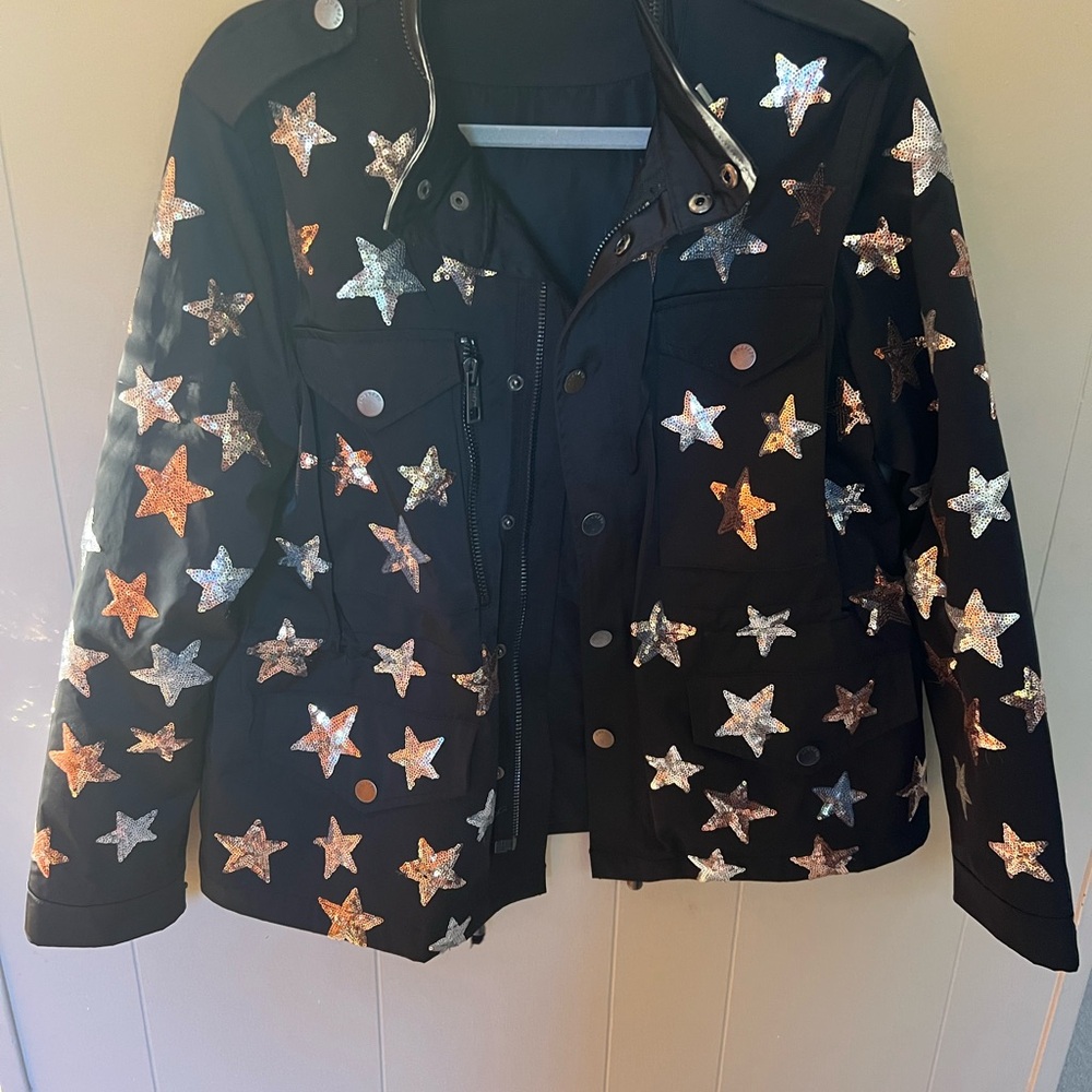Jocelyn Black Gold and Silver Sequin Utility Jacket with Metallic Stars